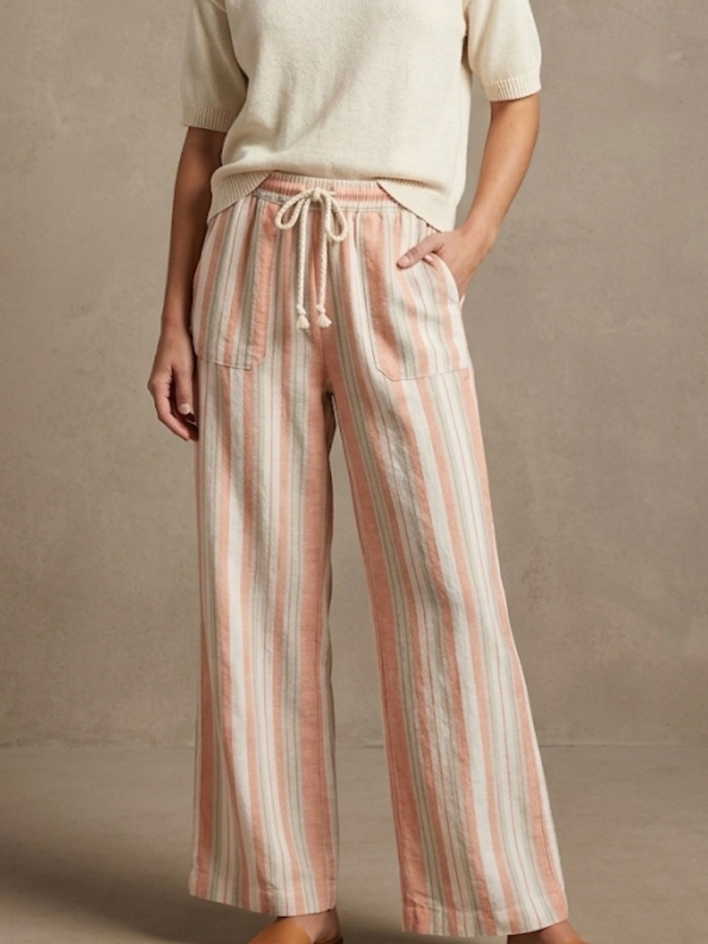 Indigo Rein coral & Cream Striped Wide-Leg Drawstring Pants